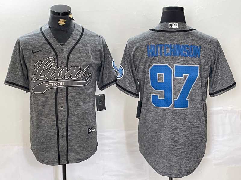 Men%27s Detroit Lions #97 Aidan Hutchinson Grey Gridiron With Patch Cool Base Stitched Baseball Jersey